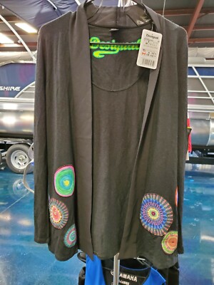 Desigual brand. Black lightweight cardigan w/graphics sewn on. Multiple sizes