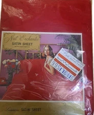 Vintage Nuit Enchantee Queen Red Luxurious Satin Flat Sheet 1970's NIP