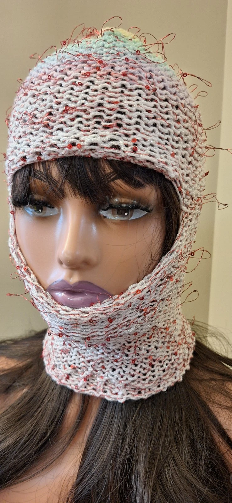 Pastel Rainbow Knit Balaclava – Sequin Hood – OOAK Avant Garde