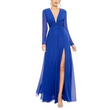Mac Duggal 55680 Blue Evening Gown Long Sleeve Chiffon A-Line Dress Size 6
