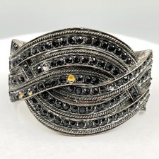 Vintage Gothic Black Rhinestone Hinged Cuff Bracelet Silver Tone Statement Bold