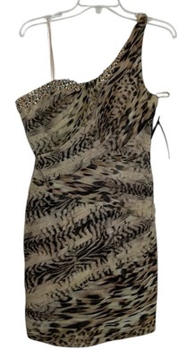 La Femme Dress Womens Size 8 Cheetah Leopard Beaded Pleated Bodycon