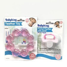 Baby King Pacifier Teether Toy 0 Mos. Pink Printed w/ Cover Silicone BPA Free