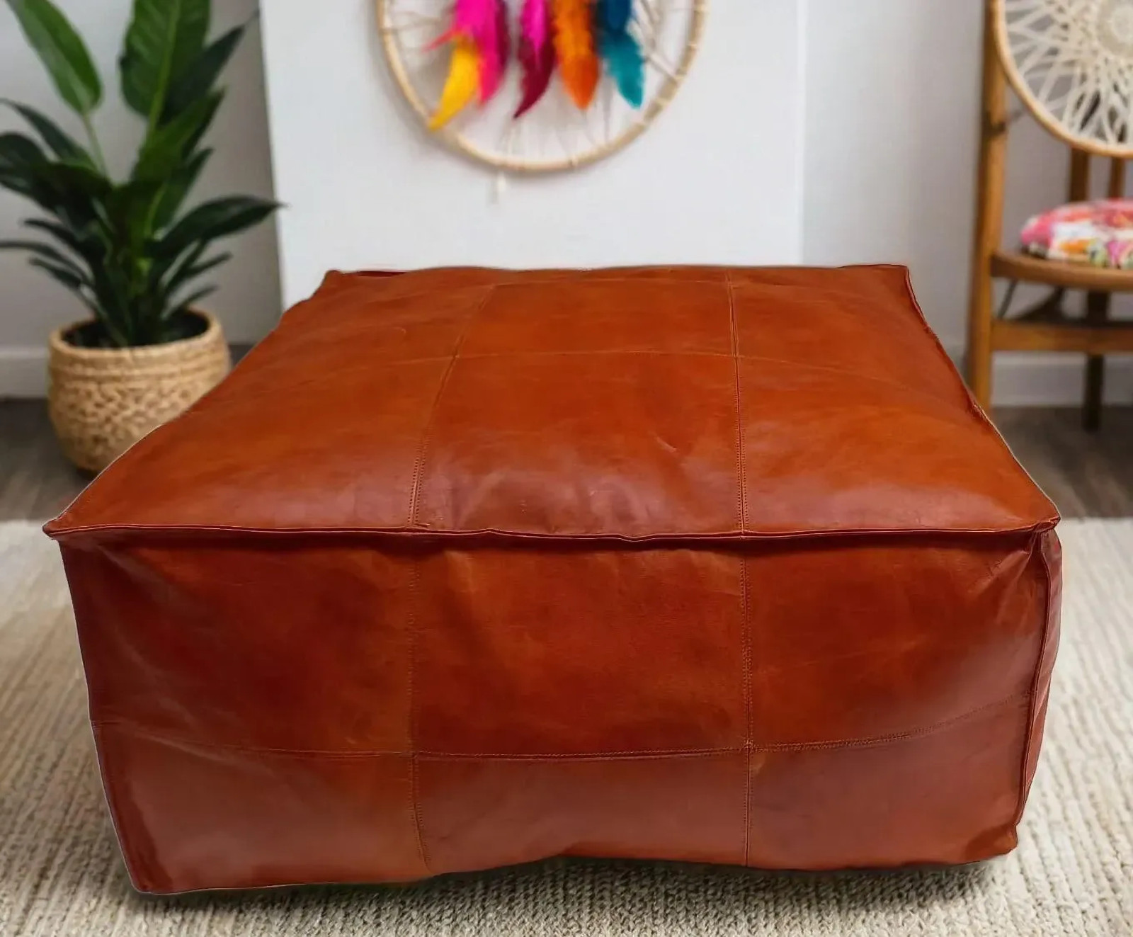Moroccan Genuine Leather Pouf – Handmade Ottoman Footstool Unstuffe