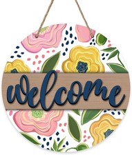 Welcome Spring Summer Flower Front Door Sign, Pink Yellow Floral Wood
