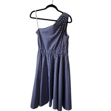 Eliza J. Women Blue/White Stripped One Shoulder Dress Pockets Elastic Summer-10