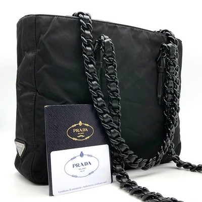 Prada Nylon Black Triangle Logo Chain Shoulder Bag Authentic Leather Crossbody