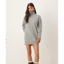 MANGO Grey Knit Oversized roll neck Sweater Dress XS Ribbed trim Everyday