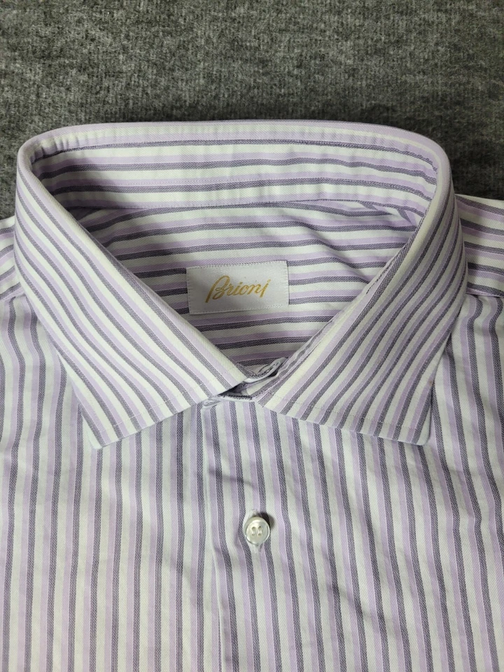 Brioni Men's Dress Formal Shirt Size L White And Purple  Stripe French Cuff - Image 3 of 4