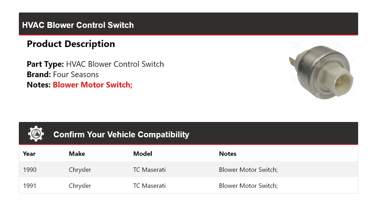 For 1990-1991 Chrysler TC Maserati HVAC Blower Control Switch 4 Seasons