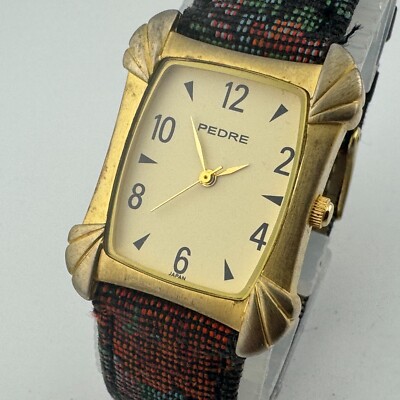 Vintage Pedre Quartz Watch Unisex Gold Tone Fabric Rectangle Analog New Battery
