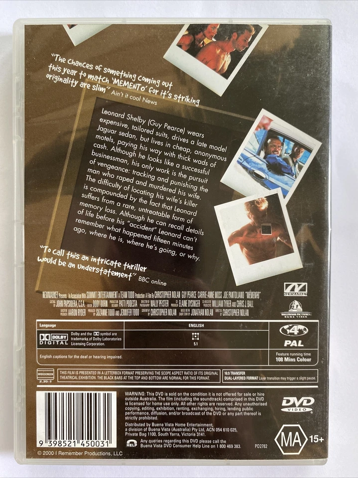 DVD - MEMENTO (2000) - Region 4 PAL - Guy Pearce - Carrie-Anne Moss - image 2 of 2