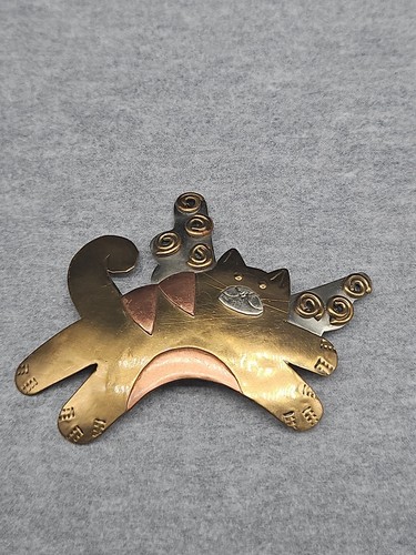 Vintage Mixed Metals Cat Brooch Pin Artist Signed