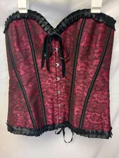 NWOT Boned Corset Sz LG Red Black Lace Overlay Frill Trim Satin Lace Back  & Bow