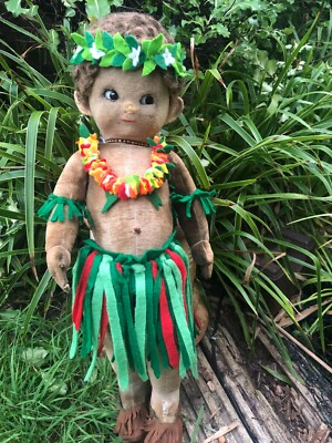 Stunning Antique Chad Valley Bambina Glass eyes Hawaiian boy