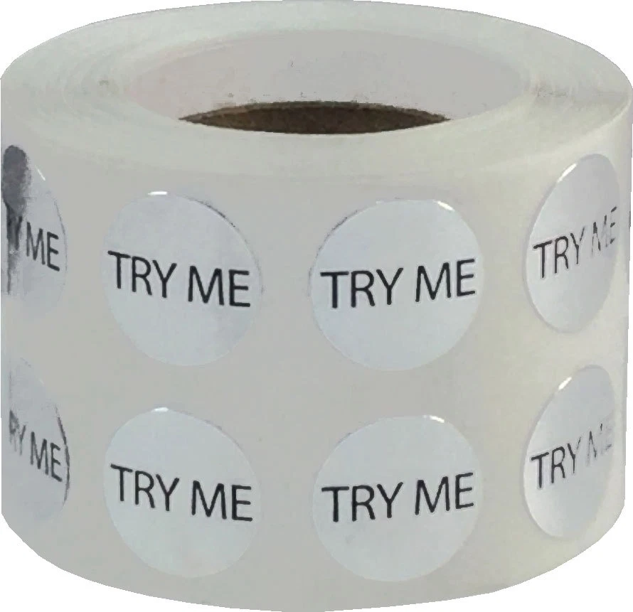 INSTOCKLABELS.COM Try Me Stickers, 1/2 Inch Round, 1000 Labels on a Roll, 4 Color Choices
