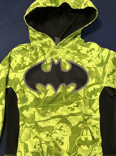 Batman All Over Logo Florescent Green Hoodie w Pockets Boys Size Medium (8) - Picture 2 of 6