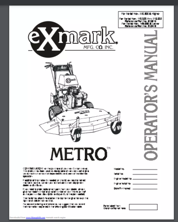 EXmark Metro Walk Behind Commercial Lawn Mower Owner Manual 48 32