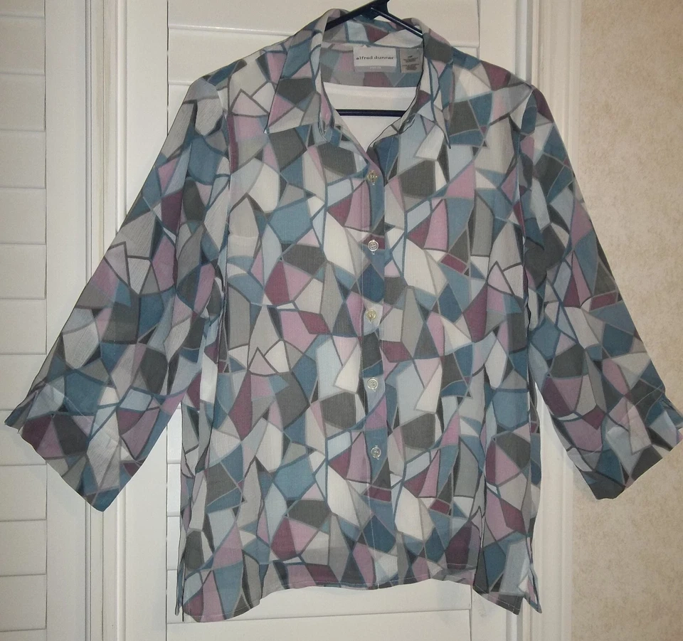 Alfred Dunner Blouse Blue Geometric White Tank 10 Petite Sheer Long Sleeve - Image 2 of 4