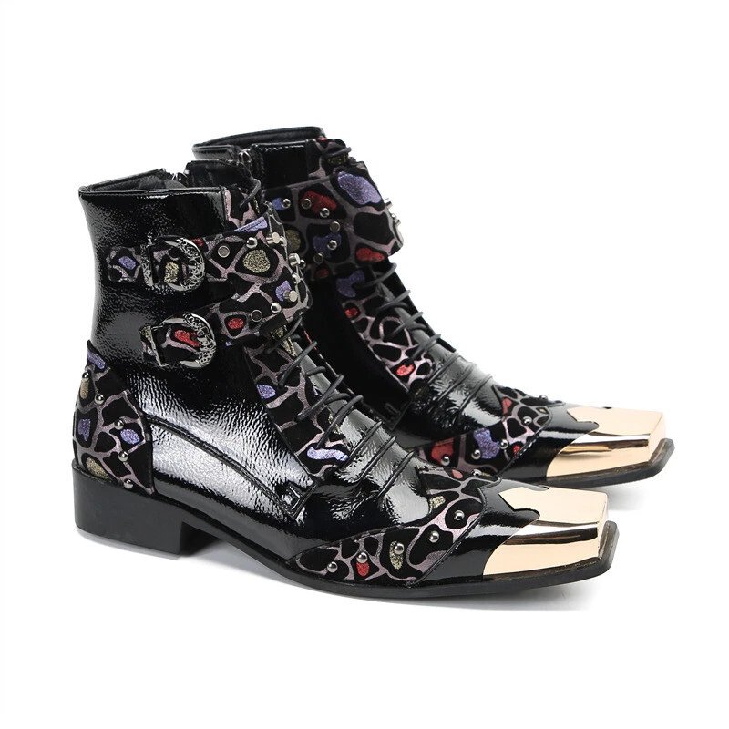 Botines florales de metal con punta cuadrada para hombre de cuero real con cordones ropa de club nocturno hebilla cremallera Foto 4 de 4