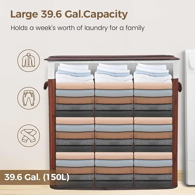 Cesta de lavandería 150L con tapa plegable de bambú con forro extraíble Foto 3 de 4