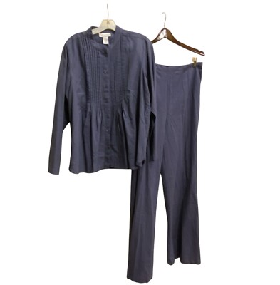 2pc Linen Blend Pant Suit 16 TALL Wide Leg BOHO Pintuck Lagenlook Indigo NWOT