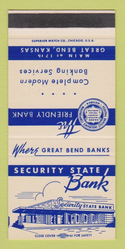 Matchbook Cover - Security State Bank Great Bend KS 30 Strike SAMPLE