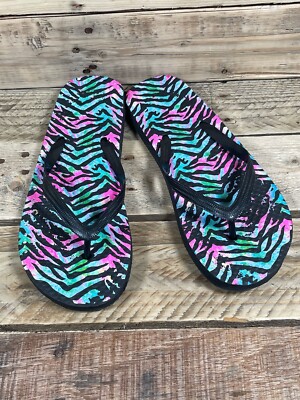 Neon Tiger Stripe Flip Flops Shoe Woman s Size Sm 5/6 Thong Beach Swim Sandals