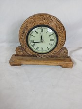 Vintage Brown Wooden Mantle Clock Quartz Floral Design Needs New Battery
