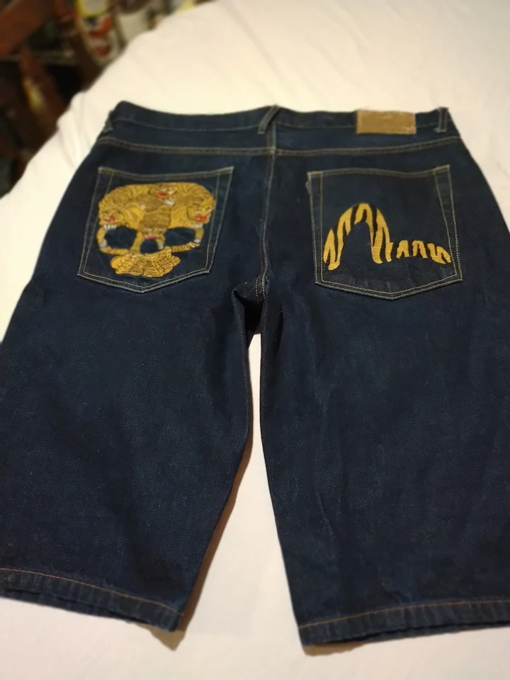 Heifetgens Evisu Shorts Mens 40 x 14 Blue Denim Skull Tiger Embroider Jean Jorts - Image 2 of 4