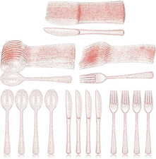 150x Pink Glitter Plastic Silverware Set Forks Spoons Knives Disposable Party