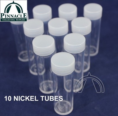 10 Clear Round Plastic Coin Tubes for US Nickel 5 Cents 21mm w Screw on Lid Cap