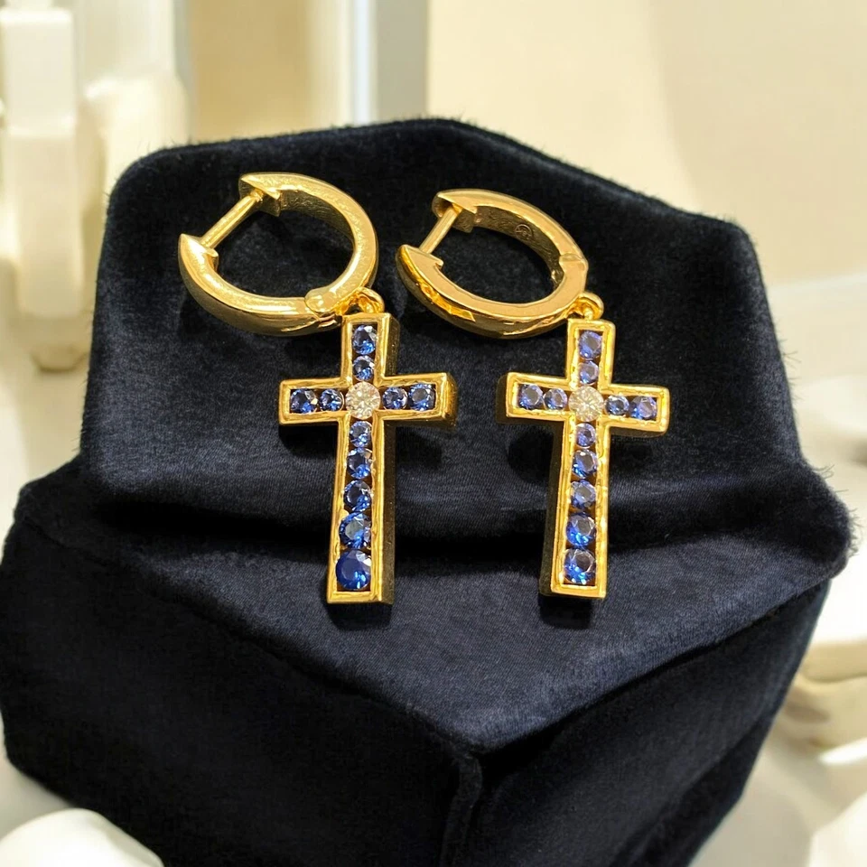 1,36 cts F/VS1 Natürliche Diamanten Blauer Saphir Unisex-Kreuz Ohrringe 18K Gold - Bild 1 von 4
