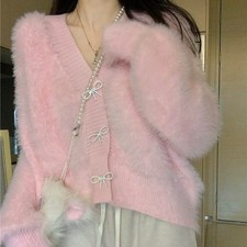Women Faux Fur Sweater Knitted Jumper Cardigan V-neck Fluffy Coat Pink