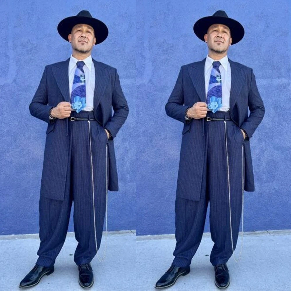 Navy Blue Men's Zoot Suit Pinstriped Wedding Tuxedo Evening Party Prom Long Coat
