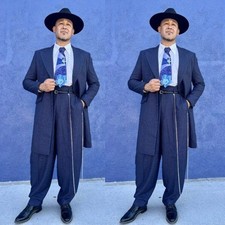 Navy Blue Men's Zoot Suit Pinstriped Wedding Tuxedo Evening Party Prom Long Coat