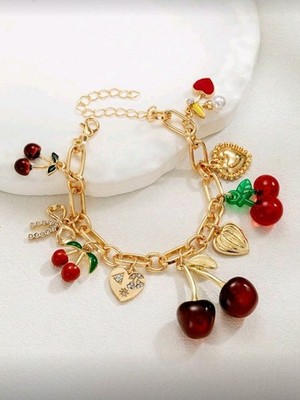 Kirsche   Herzen & Schleife Charm goldfarben 18 cm Armband Kette Trend Kawaii Neu