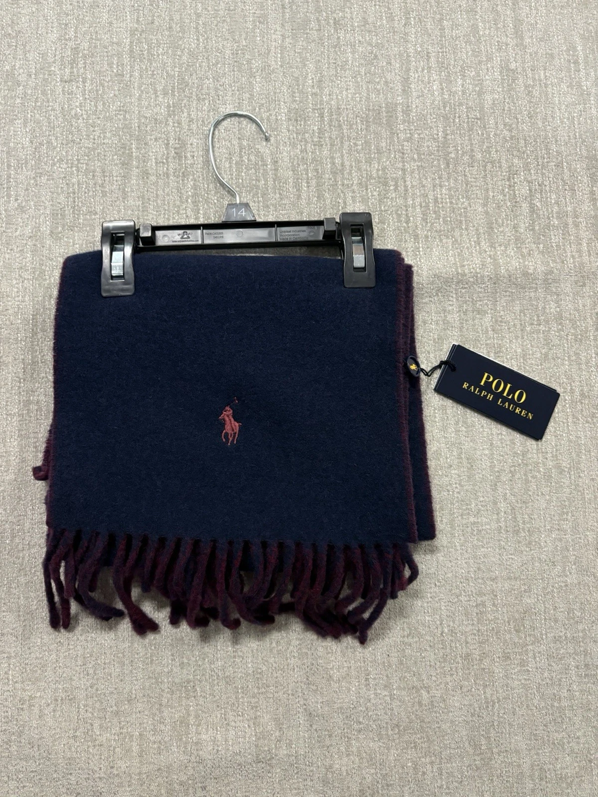 NWT Polo Ralph Lauren Navy/Maroon Reversible Wool Blend Fringe Scarf O/S