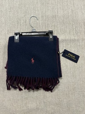 NWT Polo Ralph Lauren Navy/Maroon Reversible Wool Blend Fringe Scarf O/S