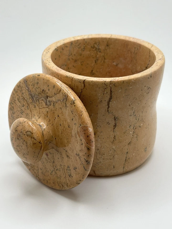 Tan Solid Stone Marble Storage Jar / Canister with Lid – 5” Tall Indonesia Heavy - Image 2 of 4