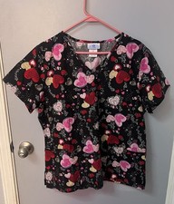 SB Scrubs Black Multi-Color Love Heart V-Neck Scrub Top Medical Uniform L. EUC.