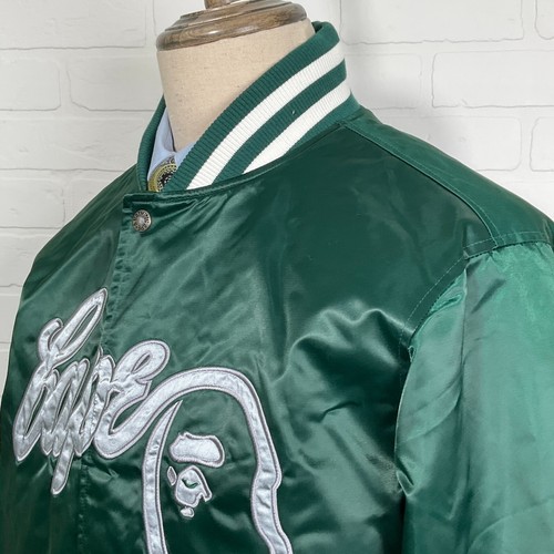 A Bathing Ape Varsity Jacket Men XL Green White Stitched BAPE NIGO Bomber Satin - Picture 3 of 11
