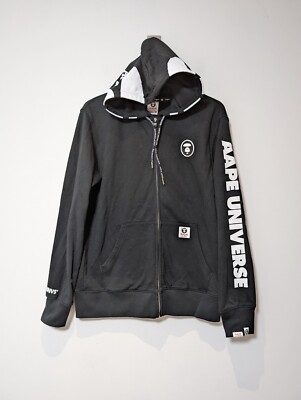AAPE By A Bathing Ape Face Hoodie Herren Large schwarz gummierte Patches durchgehender Reißverschluss 