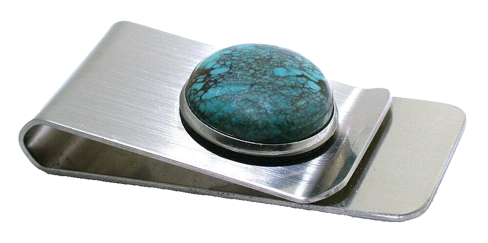 Sonoran Spiderweb Turquoise 18mm Round Cab Steel 2 Inch Money Clip