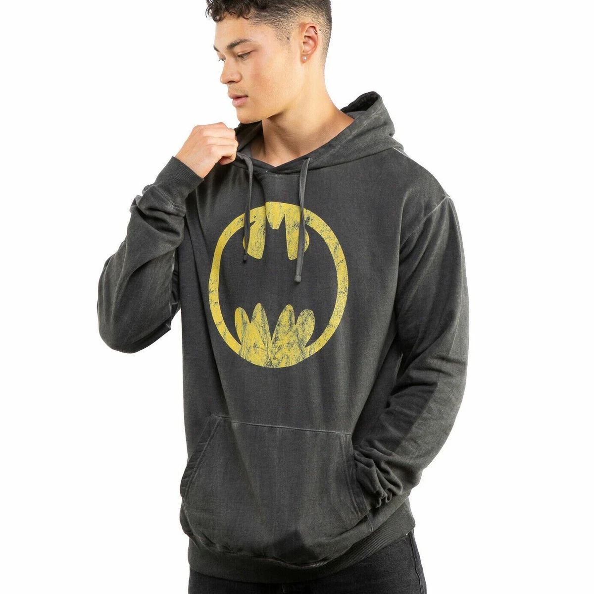 Official DC Comics Mens Batman Circle Logo Acid Wash Hoodie Black Sizes S XXL
