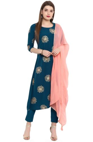 Janasya Indian Women's Tunic Tops Crepe Kurti Set With Dupatta for Women Turq...