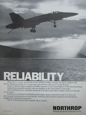 8/1980 NORTHROP F/A-18A HORNET US NAVY MARINE CORPS RELIABILITY ORIGINAL ANZEIGE