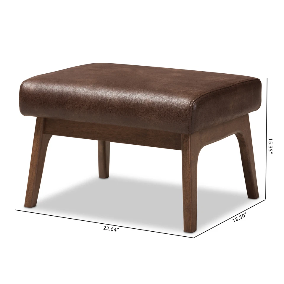 Footstool Mid-Century Modern Walnut Wood Dark Leather Indoor Durable Comfortable - Image 4 of 4