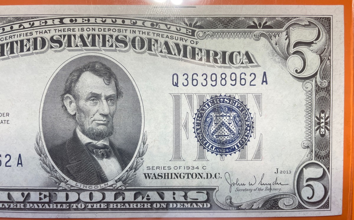 WOW 1934-C SERIES $5 Silver Certificate Blue Seal ( Q-A Block