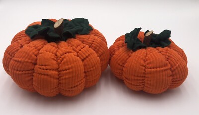 Orange Corduroy Pumpkin Plush with Wood Stem and Felt Leaves Fall Harvest Decor